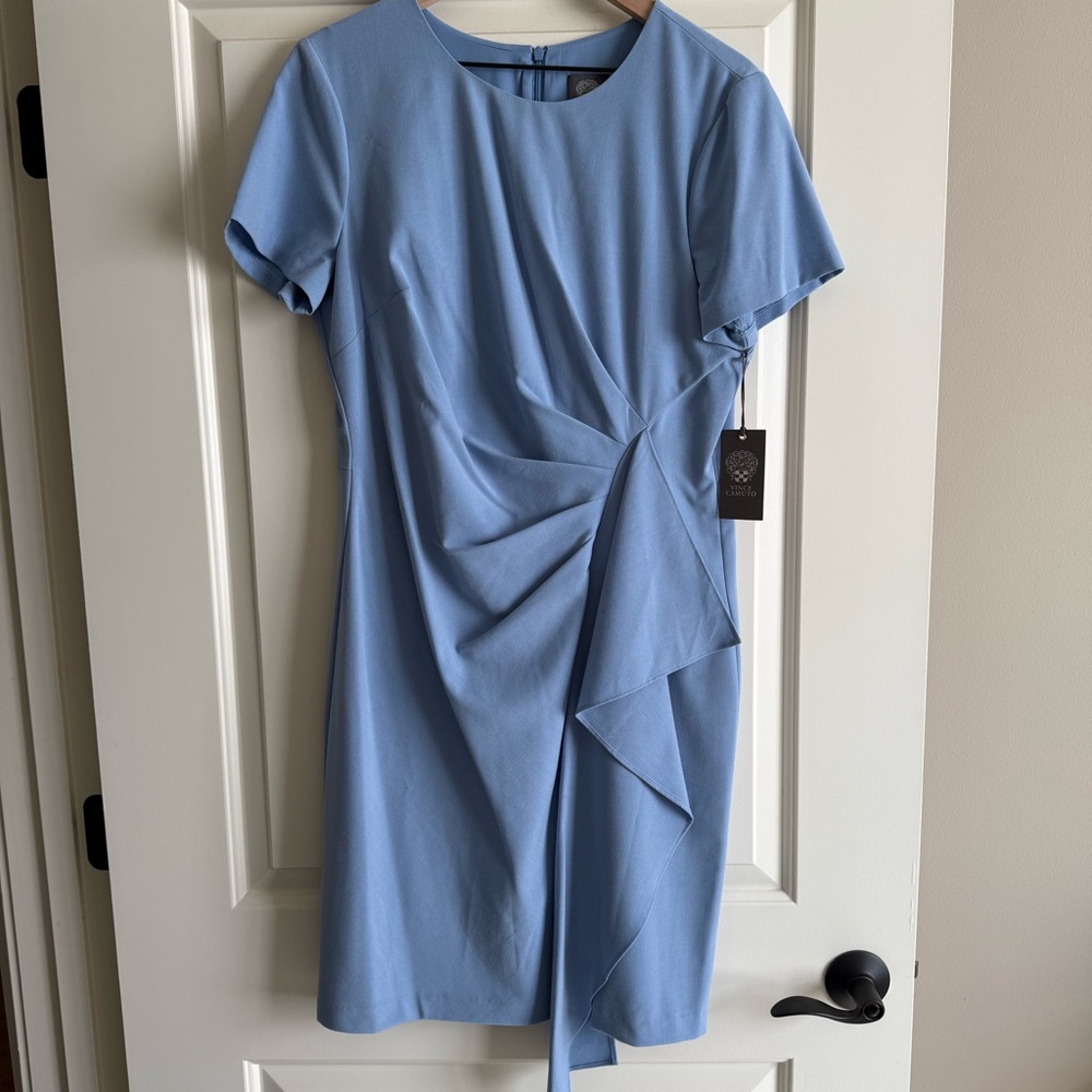 NEW Vince Camuto Asymmetrical Ruffle Light Blue Short Sleeve Fitted Dress Sz 14